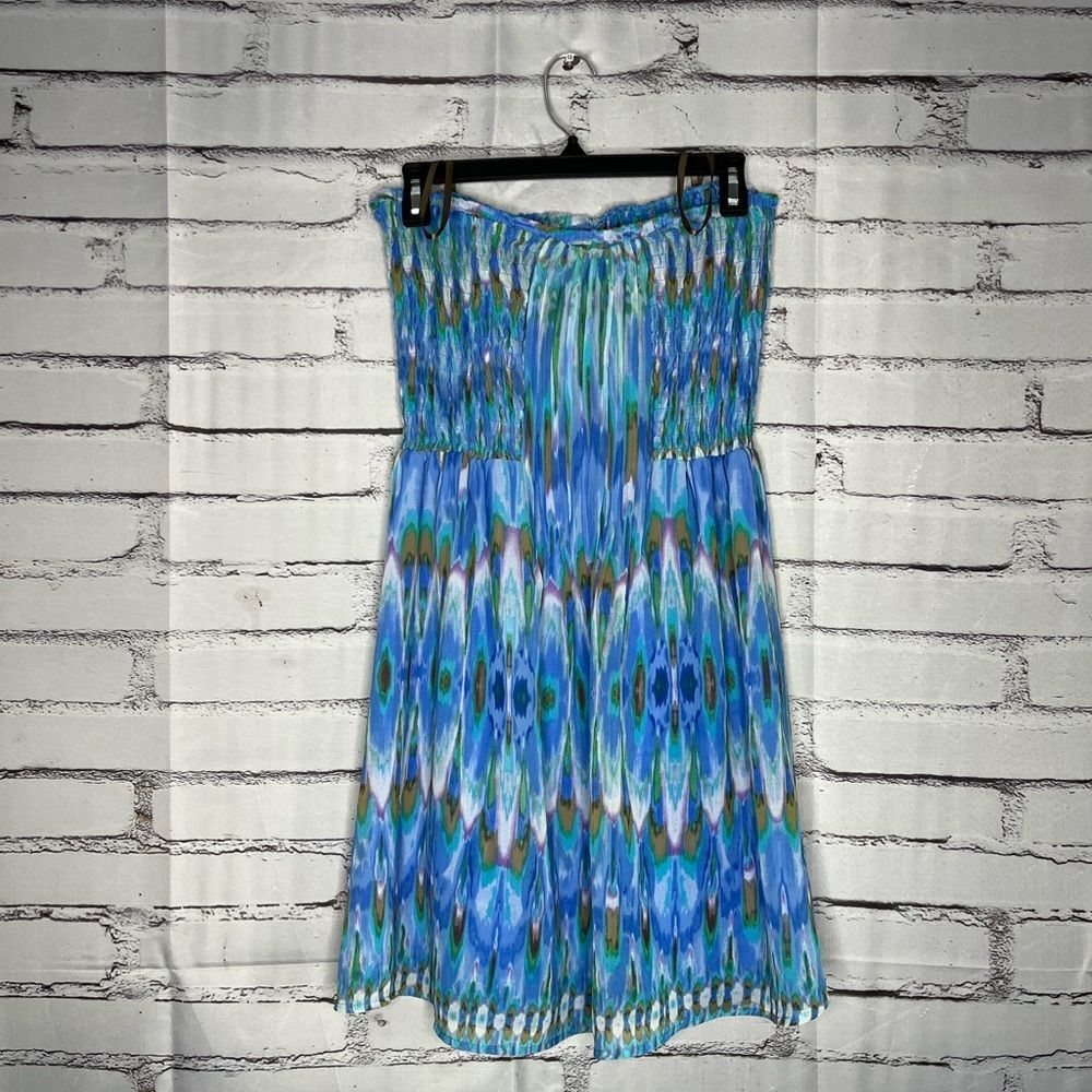 Fynn & Rose Blue Smocked Sundress Midi Dress SZ 4 Tie-Dye Colorful Summer Prom